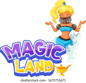 Font design for word magic land with genie from the lamp illustration