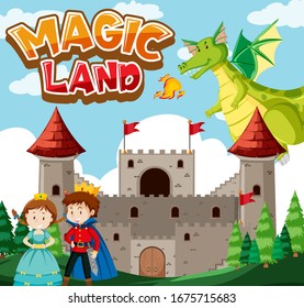 Font design for word magic land with dragon at the castle illustration