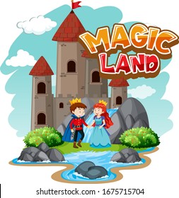 Font design for word magic land with prince and princess illustration