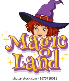 Font design for word magic land with happy witch smiling illustration