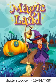 Font design for word magic land with witch in the park illustration