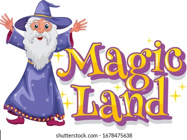 Font design for word magic land with old wizard on white background illustration