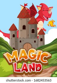 Font design for word magic land with dragon and castle illustration