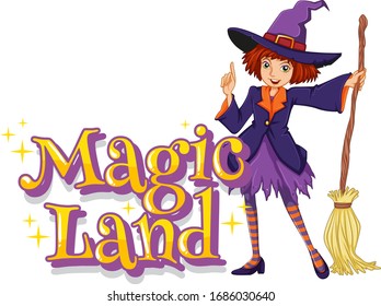 Font design for word magic land with witch holding broom illustration