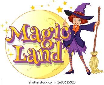 Font design for word magic land with witch and magic broom illustration