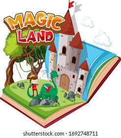 Font design for word magic land with prince and dragon illustration