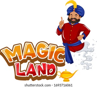 Font design for word magic land with giant coming out of the lamp illustration