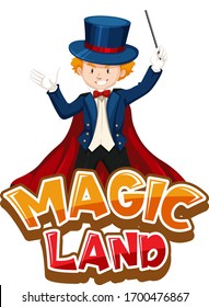 Font design for word magic land with young magician illustration