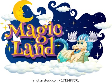 Font design for word magic land with dragon on the clouds illustration