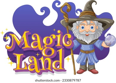 Font design for word magic land with wizard cartoon character illustration