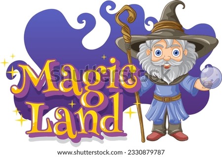Font design for word magic land with wizard cartoon character illustration