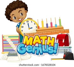 Font design for word math genius with happy boy illustration