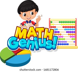 Font design for word math genius with cute boy and abacus illustration