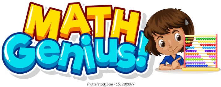 Font design for word math genius and cute girl illustration