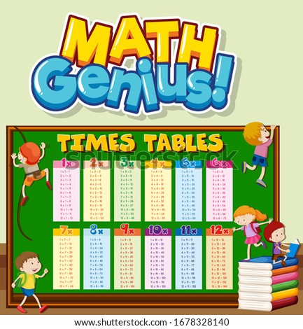 Font design for word math genius with times tables illustration
