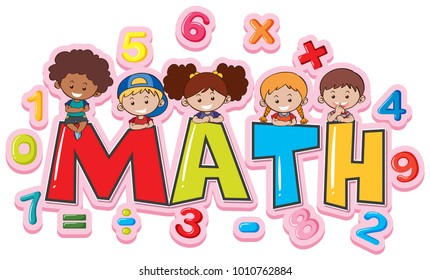 Font design for word math with happy kids illustration