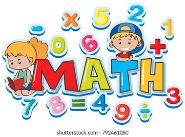 Font design for word math with many numbers and kids illustration