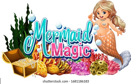 Font design for word mermaid magic on white background illustration