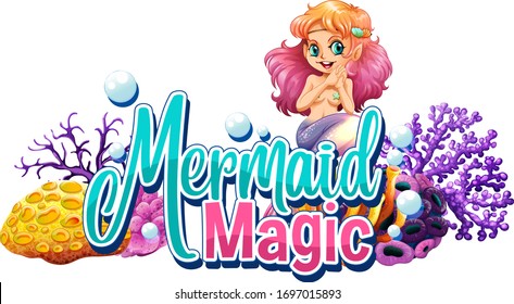 Font design for word mermaid magic with cute mermaid underwater illustration