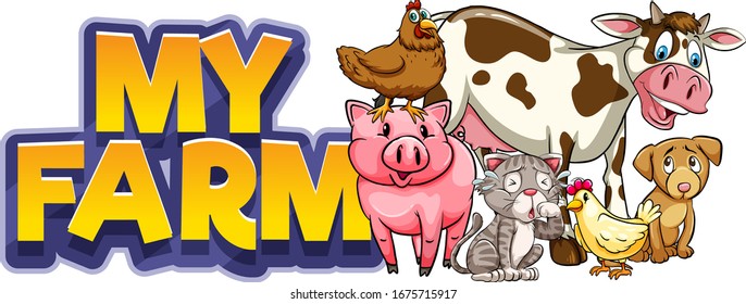 Font design for word my farm with many animals illustration