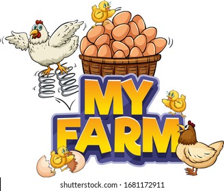 Font design for word my farm with chicken and fresh eggs illustration