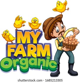 Font design for word my farm with farmer and chickens illustration