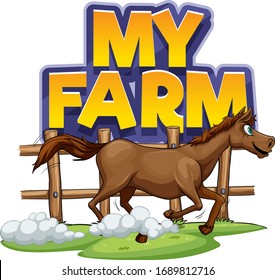 Font design for word my farm with horse running illustration