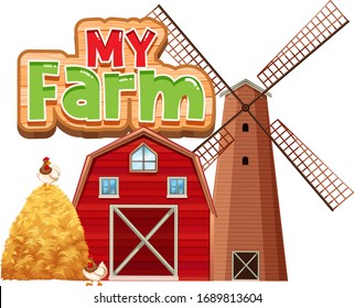 Font design for word my farm with barn and windmill illustration