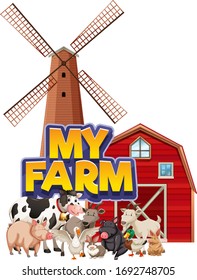 Font design for word my farm with animals and barn illustration