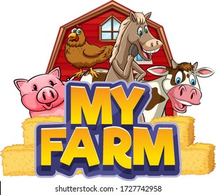 Font design for word my farm with many animals illustration