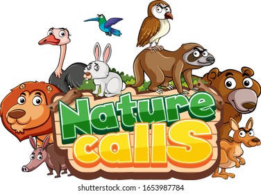 Font design for word nature calls with animals in background illustration