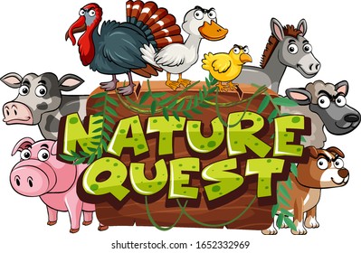 Font design for word nature quest with farm animals illustration