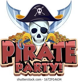 Font design for word pirate party with skull and swords illustration