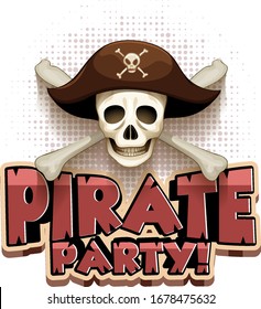 Font design for word pirate party with skull wearing hat illustration