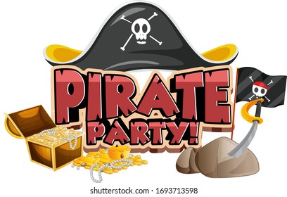 Font design for word pirate party with hat and gold illustration