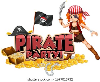 Font design for word pirate party with pirate and treasure illustration