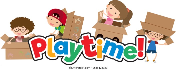 Font design for word play time with happy kids playing illustration