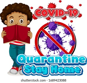 Font design for word quarantine stay home with boy reading book illustration