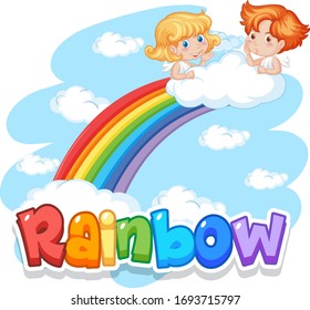 Diseño de fuentes para el arco iris con arco iris en la ilustración de fondo del cielo