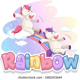 Font design for word rainbow with two unicorns on the rainbow illustration
