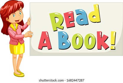 Diseño de fuente para la palabra leer un libro con una mujer sosteniendo una ilustración de signo
