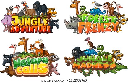 Font design for word related to jungle with wild animals on white background illustration