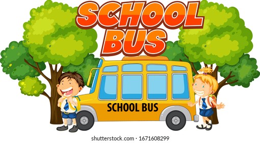 Diseño de fuentes para el autobús escolar con niños en la ilustración del autobús
