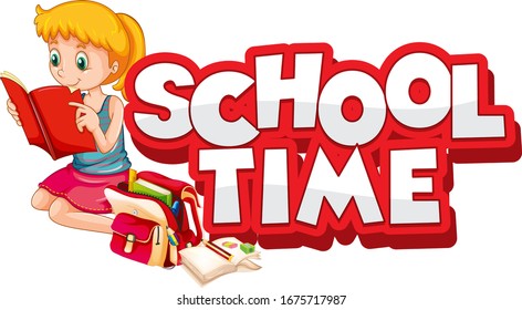 Font design for word school time with happy kids illustration