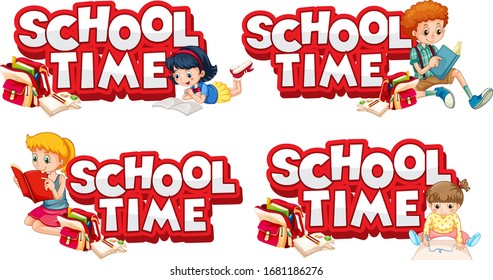 Font design for word school time with happy kids illustration