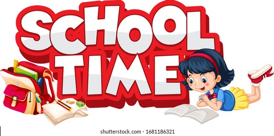 Font design for word school time with happy kids illustration
