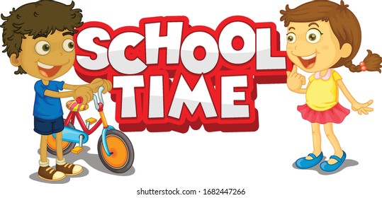 Font design for word school time with happy kids illustration