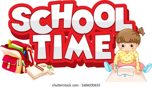 Font design for word school time with happy kids illustration