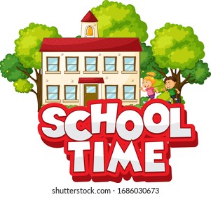 Font design for word school time with happy kids illustration