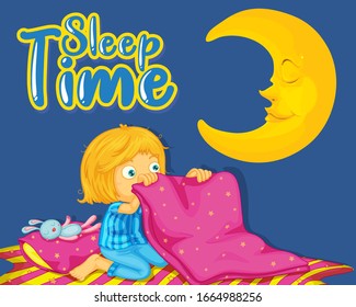 Font design for word sleep time with girl sleeping at night illustration